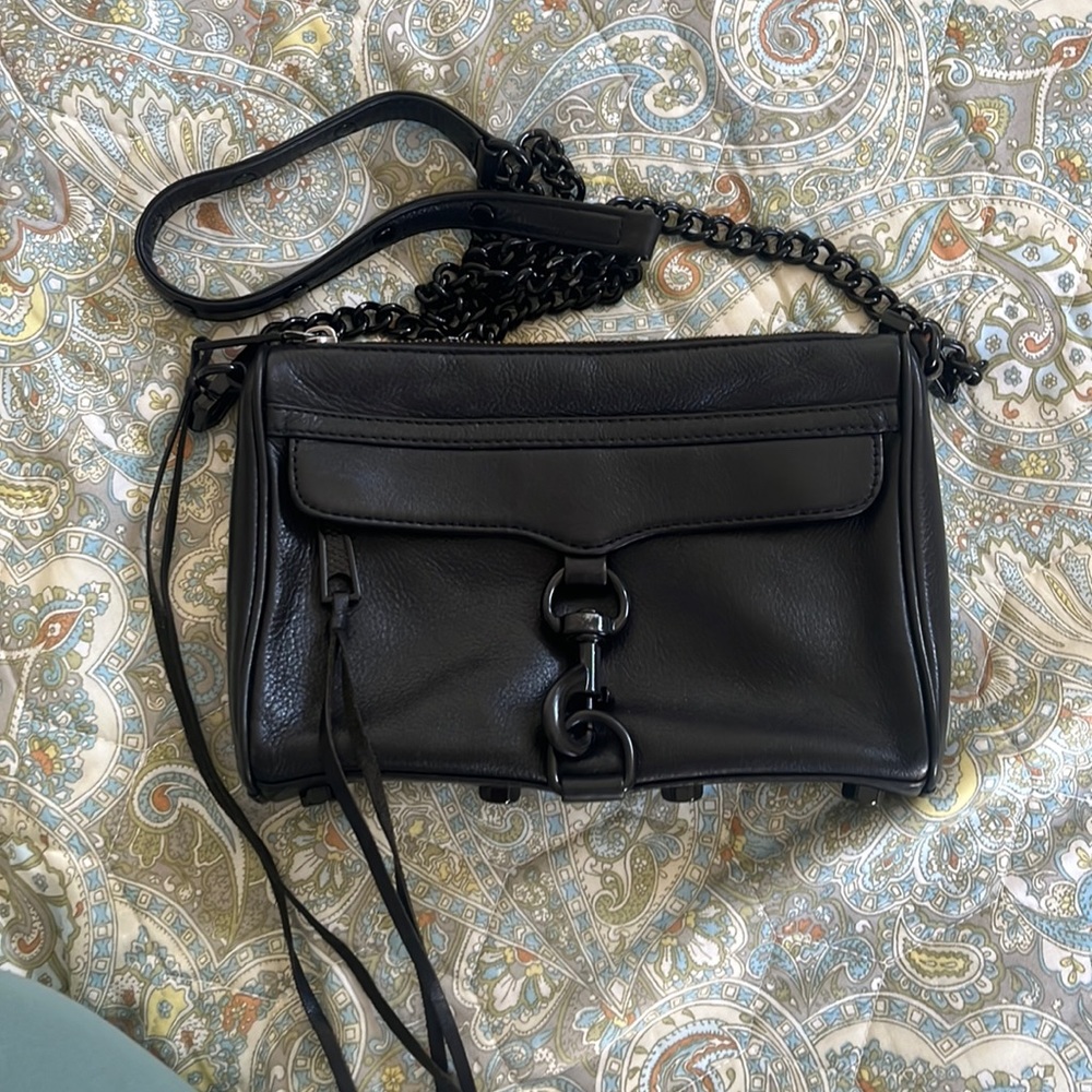 REBECCA MINKOFF Black Leather Small Chain Crossbody Shoulder Bag